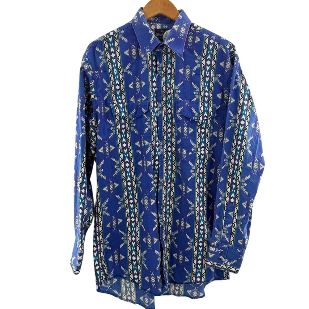 Wrangler Vintage Western Wear Cotton Blue Navajo Pattern Pearl Snap Shirt LT